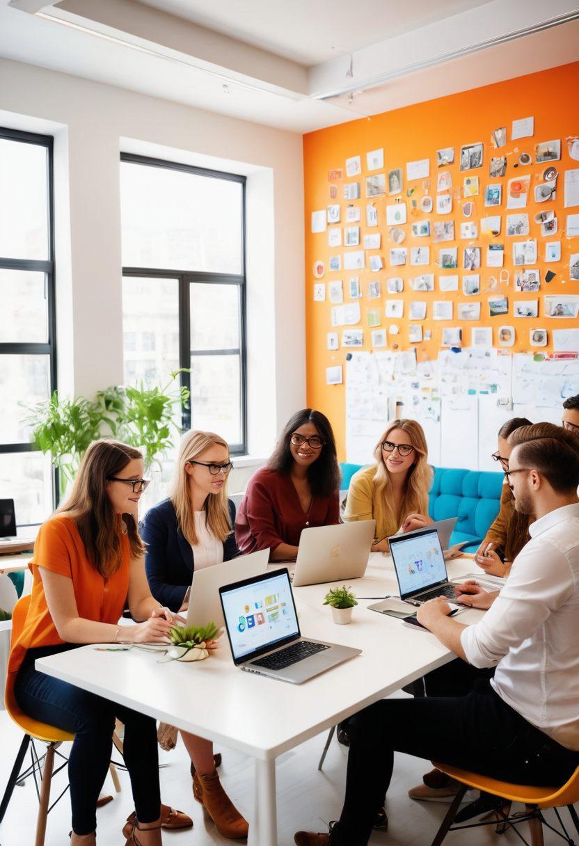 A diverse group of bloggers engaged in lively discussions at a modern co-working space, showcasing laptops, notebooks, and networking tools. Vibrant visuals of social media icons and graphs symbolizing growth and connections are infused around them. The atmosphere radiates collaboration and creativity with bright, warm colors. super-realistic. vibrant colors. white background.