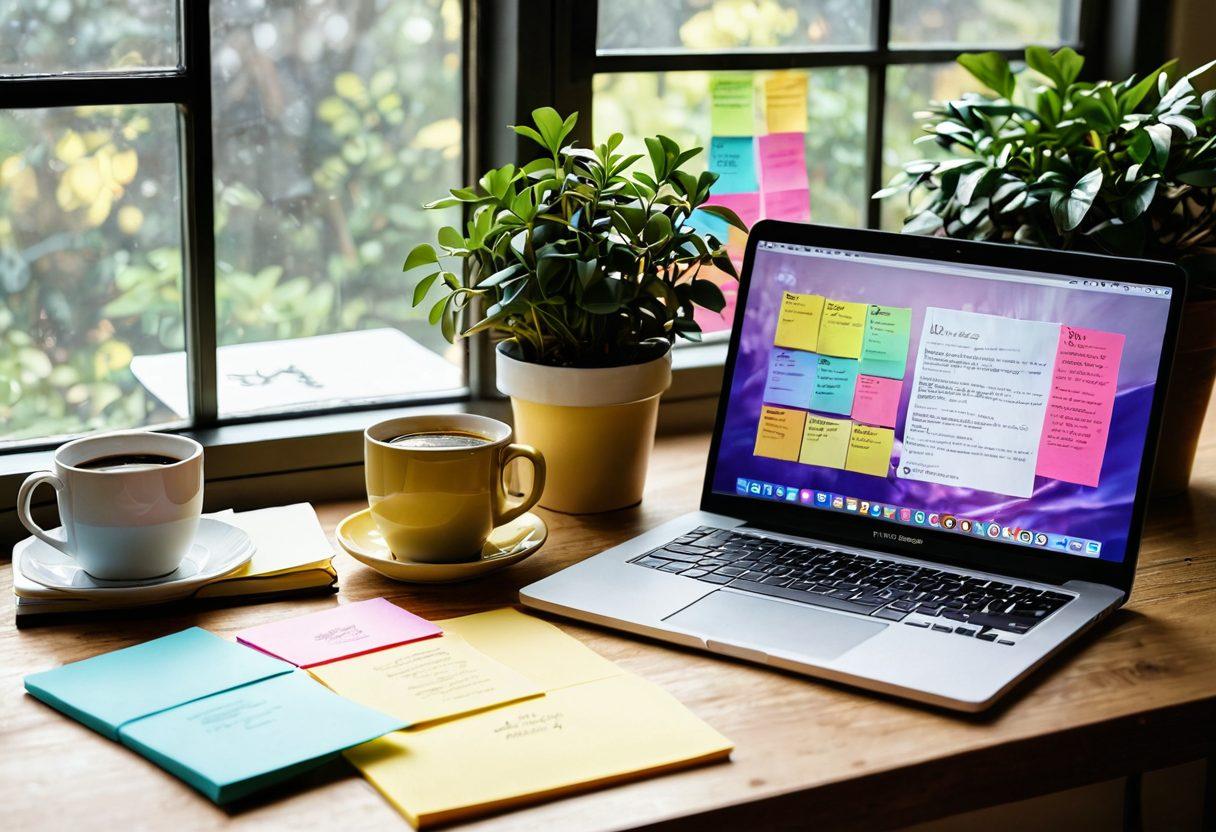 A beautifully arranged desktop with an open laptop displaying an online journal, surrounded by colorful sticky notes and inspirational quotes. A steaming cup of coffee sits beside the laptop, while a potted plant adds a touch of nature. Soft sunlight beams in from a nearby window, casting a warm glow over the scene. A subtle gradient backdrop suggests a digital world, blending creativity and productivity. vibrant colors. super-realistic.