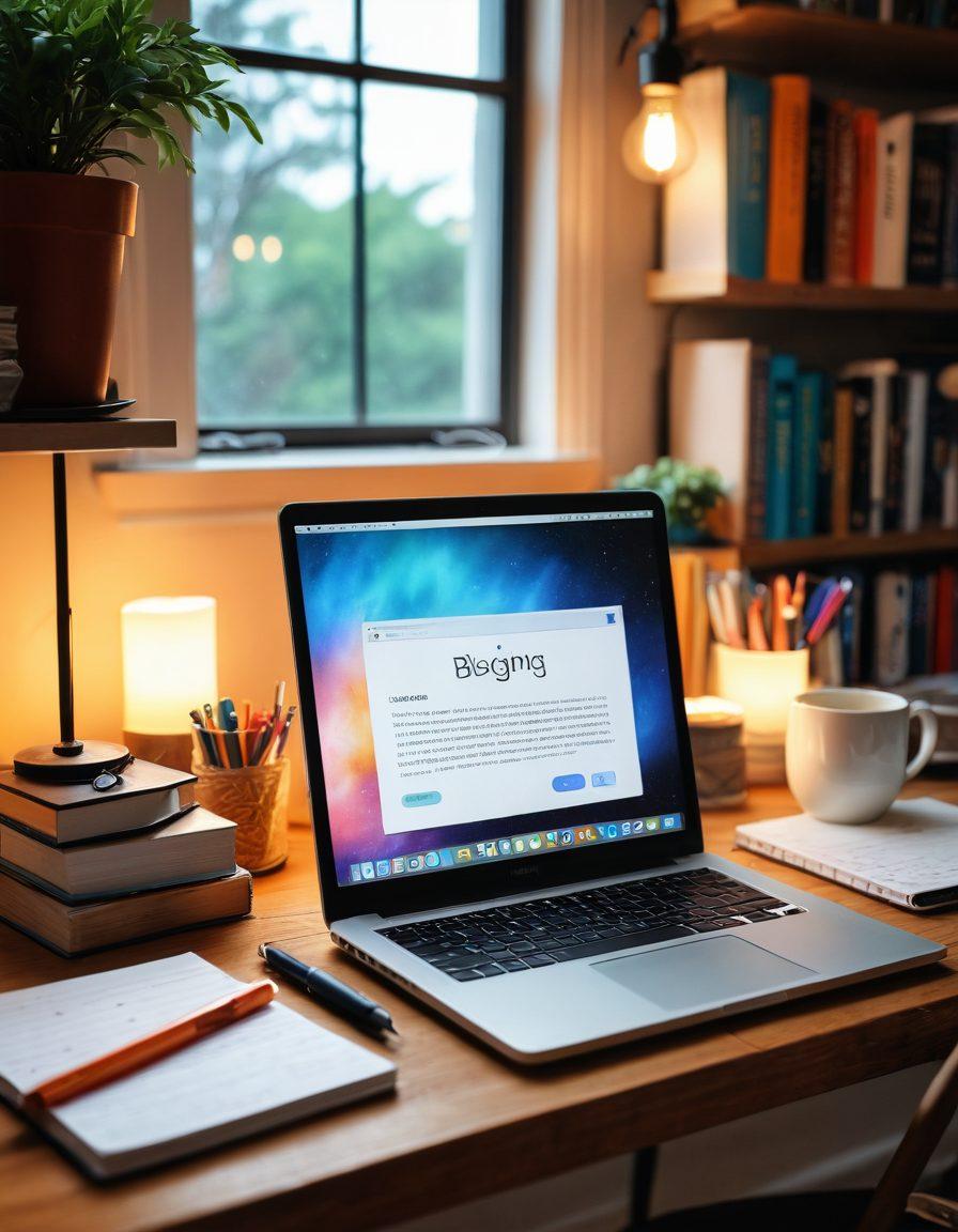 A cozy workspace scene featuring a modern laptop displaying a vibrant blog page, surrounded by essential blogging tools like a notebook, colorful pens, and a steaming cup of coffee. The background should have a soft, inviting glow with bookshelves filled with writing books and creative decor, symbolizing inspiration. Emphasize the cozy, productive atmosphere. super-realistic. warm colors. soft focus.